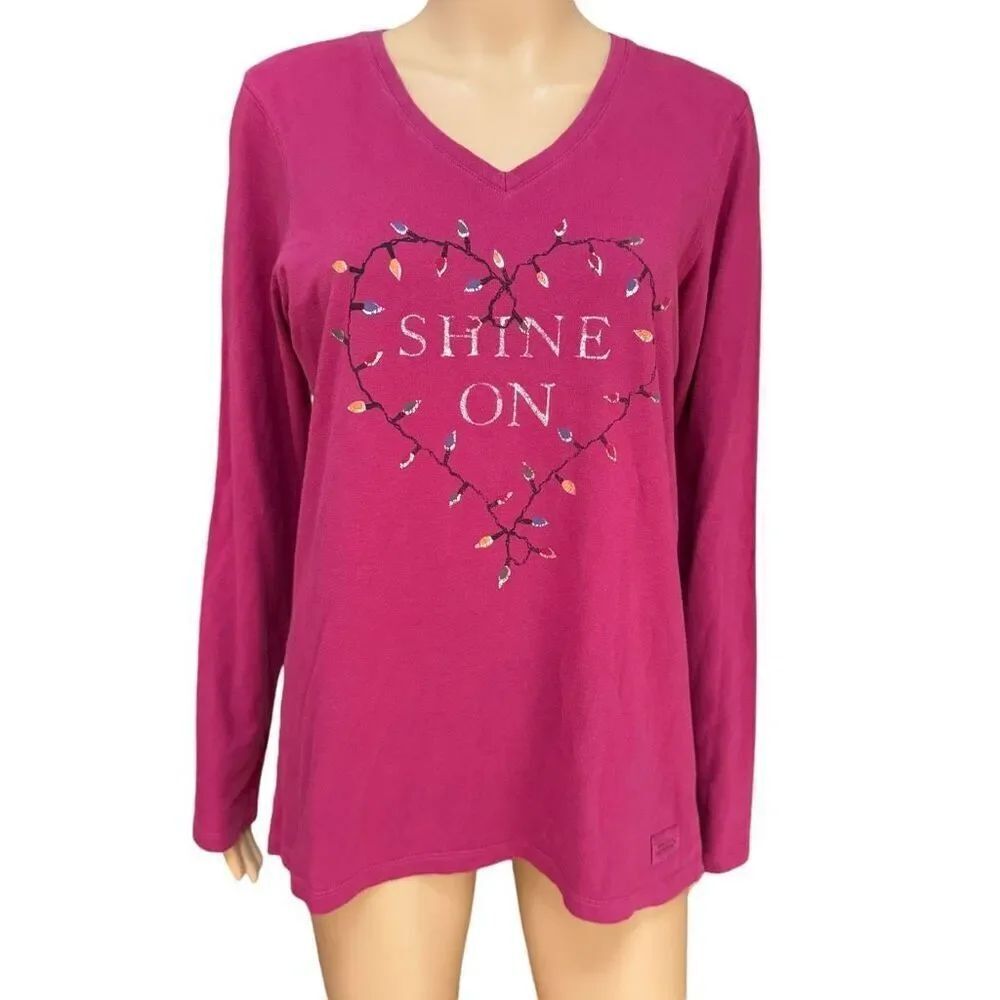 Life Is Good Shirt cotton Pink Long Sleeve Graphic Shine On V Neck size M